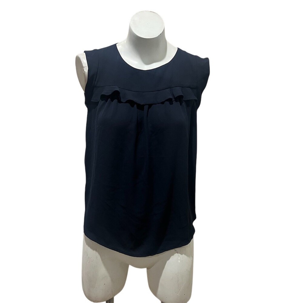 LOFT Blouse Womens XS Navy Blue Sleeveless Ruffle Yoke Keyhole Back